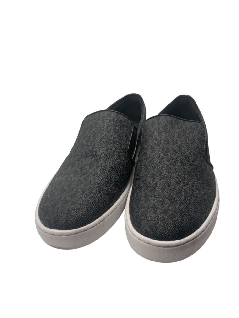 Michael Kors 9M Black Slip-On Sneakers Shoes With Logo Pattern & White Sole